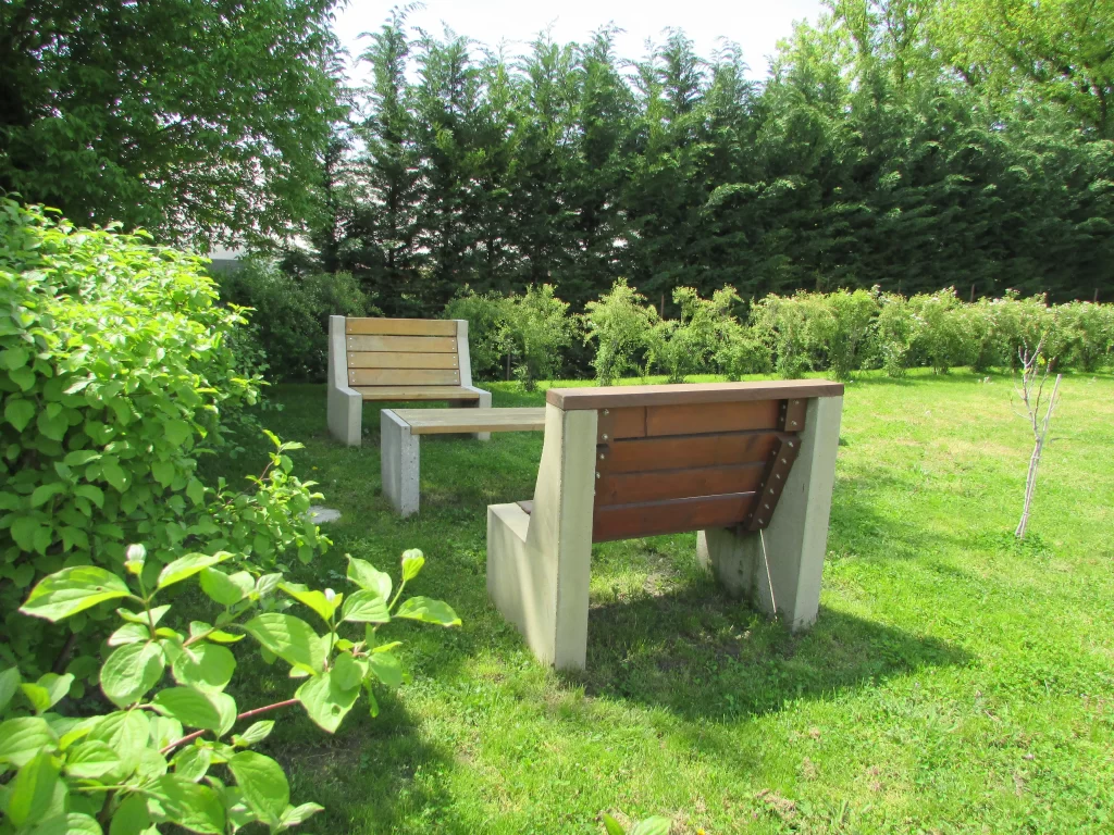 Természetközeli közösségi térként is szolgáló, munkaközi pihenésre és feltöltődésre alkalmas, beton alapokkal ellátott, lakkozott fatámlás kültéri padok és asztal a kert körüli növényzet árnyékában.